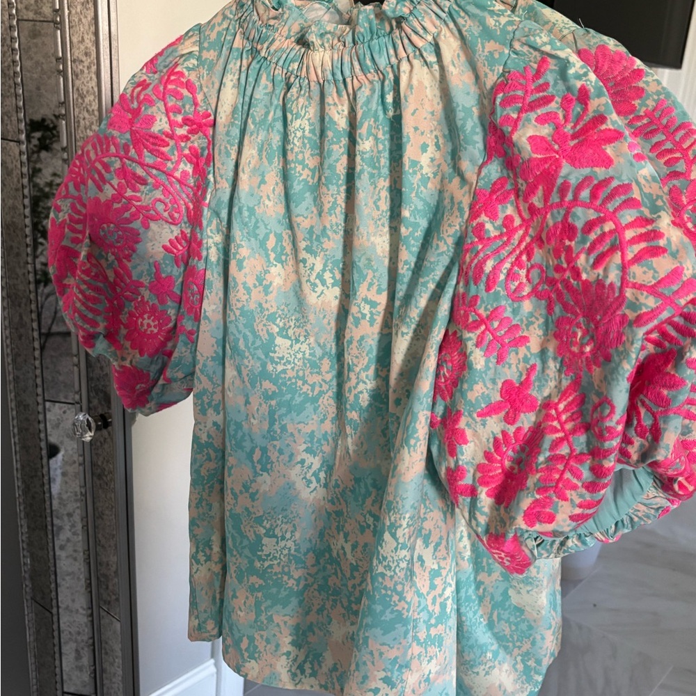 THML Kids Blouse with Pink Floral Embroidery